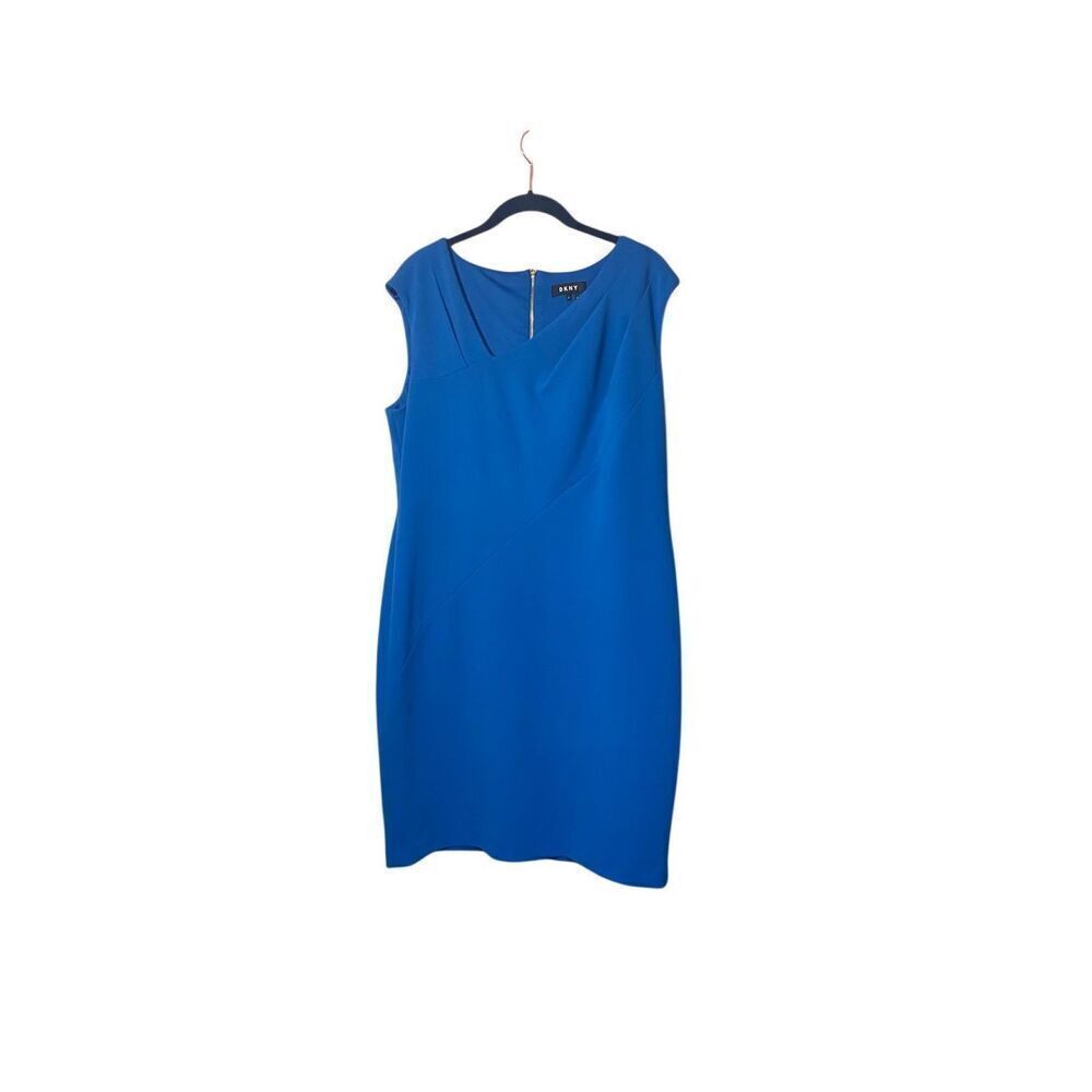 DKNY women’s asymmetrical neckline sapphire blue sheet dress size 14 ￼